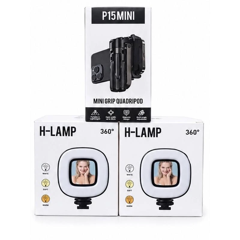 photo_2026-09-14_10-36-48_3_11zon مینی سه پایه و گریپ نگهدارنده موبایل مدل P15 Mini Grip Quadripod به همراه رینگ لایت H-Lamp 360° کد 1382 - تصویر 1